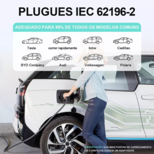 Carregador Portátil para Carro Elétrico BYD GWM VOLVO CHERY TOYOTA, 7kW, Bivolt 110v 220v, 5 metros,LED indicador, Tela TOUCHSCREEN
